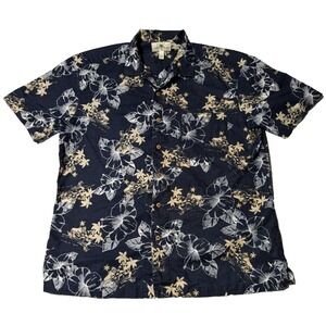 ISLAND SHORES Men‎ Size XL Blue LINEN Cotton Floral Tropical Button-Up Shirt